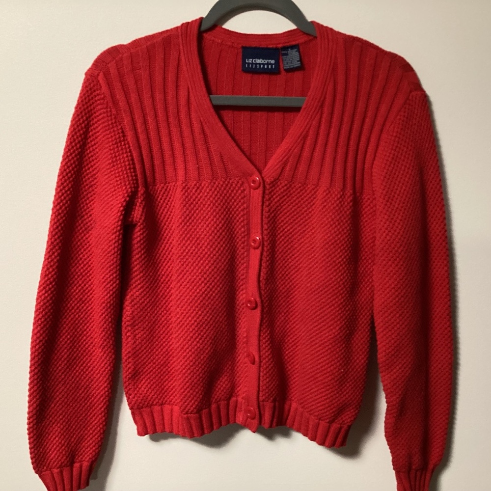 Liz Claiborne Sport Red Knit Cotton Cardigan Sweater
